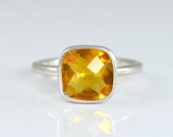 Champagne Citrine Ring - November Birthstone Ring - Stacking Ring - Gemstone Ring - Sterling Silver Ring - Cushion Cut Ring - Gold ring