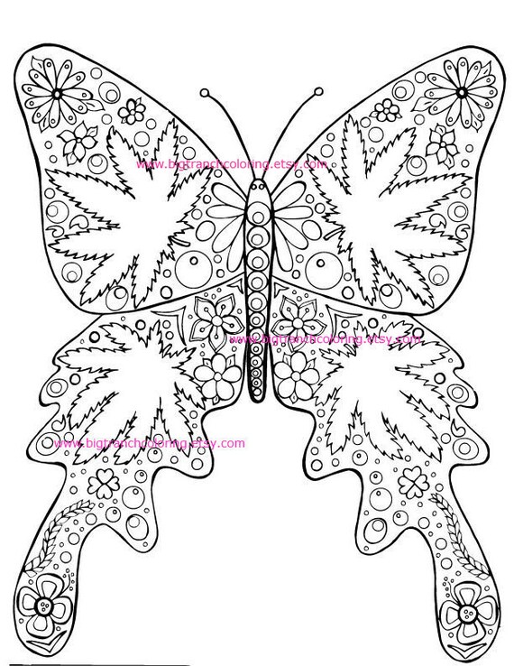 adult coloring page hippie marijuana leaf butterfly