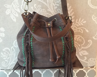 Fringes bucket bag, brown bucket purse, leather bucket bag, fringed crossbody bag