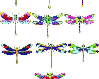 Set of 10 Colorful Dragonflies