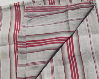 Antique Vintage French 1930s Striped Ticking Fabric Red Grey Stripe