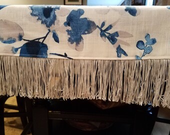 Blue Floral Table Runner or Dresser Scarf with Fringe