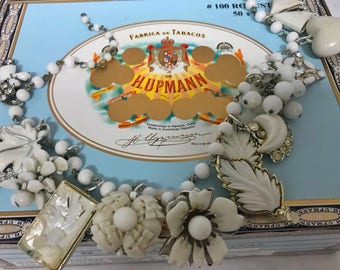 White Assemblage Charm Necklace With Vintage Charms