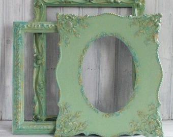MBS Set of 3 Painted Wooden Vintage Frames, Ornate Frames, Green Frames, Picture Frames