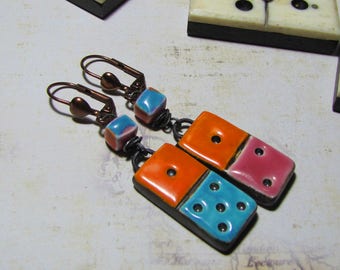 Turquoise fuchsia orange domino ceramic, copper, Leverback Earrings