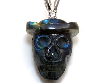 Skull Pendant labradorite & Diamond Hand Carved Limited edition Mexican Indian 34ct