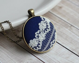 Navy Blue and Ivory Lace Jewelry, Boho, Unique Necklace For Women