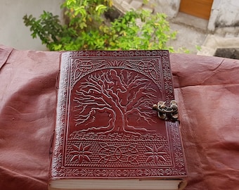 50% OFF Handmade blank leather journal, gift men women, embossed tree of life notebook, vintage diary with lock, personalized sketchbook DIY