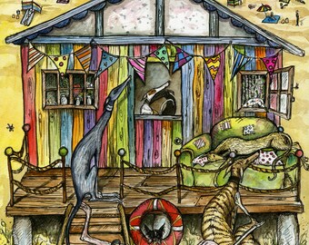 Greyhound Dog Art Print - Seaside Illustration