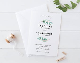 Printable Save The Date Wedding Card, Eucalyptus Leaves Greenery Leaves Foliage Wreath Save The Date Card