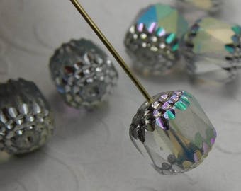 Czech Glass Cathedral Beads 10mm Fire Polish Crystal AB with Silver (Qty 6) SRB-10FPC-CrysAB-S