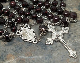 Gemstone Rosary of Garnets, 5 Decade Rosary, Catholic Rosary, Miraculous Medal, January Rosary, Birthstone Rosary
