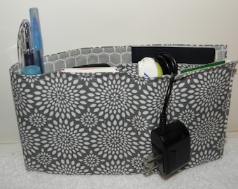 Purse Insert, Flat Organizer Insert, Small Bag Insert, Handbag Organizer,7 Pockets, Velcro Closure + Earbud/Cable Organizer Gray/White Print
