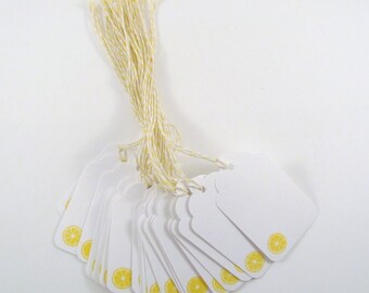 Lemon Slice Stamped White Gift Tags with Yellow and White Bakers Twine, Limoncello Tags, Mason Jar Tags