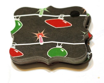 24 Christmas Gift Tags: Red Green and Black Christmas Light Bulb Fancy Square Gift Tags, retail tags, Wrapping Paper Supplies, Holiday Fun