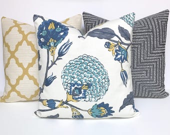 Modern gray, teal, blue and yellow floral decorative pillow cover