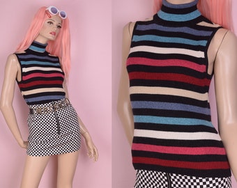 90s Multicolor Striped Sparkly Ribbed Knit Turtleneck/ Large/ 1990s/ Tank/ Sleeveless