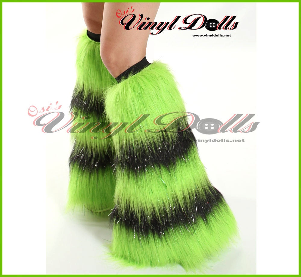 Rave Furry Leg Warmers UV Neon Lime Green / Black Faux Fur