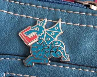 Book Lover Gift - Blue Book Wyrm enamel pin - gifts for readers