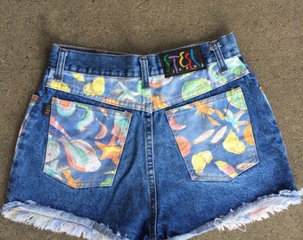RESERVED~~~Vintage denim cutoffs short~ fish print cotton 80's-90's short shorts~ size small 27 waist