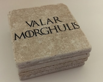 Valar Morghulis Game Of Thrones Natural Travertine Tile Tumbled Stone Table Coasters Set of 4 with Full Cork Bottom All Men Must Die