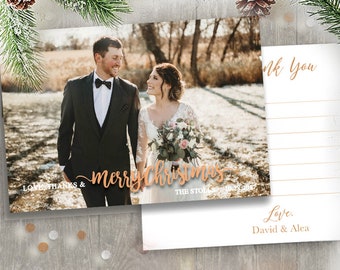 Merry Married Marry Christmas New Years Holiday Wedding Photo Magnet Card Postcard Gold Merry Little married bright love thanks rose GOLD