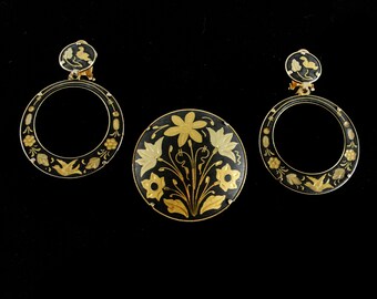 Vintage Damascene Asian-Design Pin & Earrings