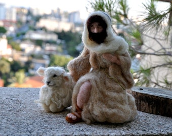 Needle felted Nativity Waldorf Good shepherd and sheep. Made to order