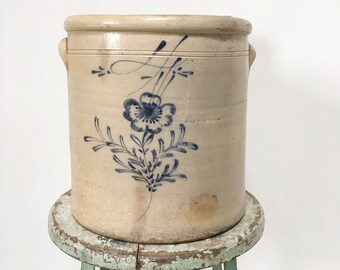 Antique early cobalt blue flower crock/ salt glazed/ primitive country crock
