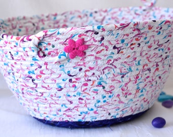 Mom Gift Basket, Spring Decoration, Quilted Artisan Bowl, Handmade Lotion Holder, Hand Coiled Fabric Basket, Aqua Floral Basket