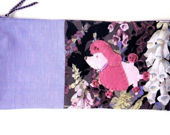 Zipper Pouch, 5x10.25" in pink, puple, black and green floral print fabric with Handmade Felt Poodle Dog Embellishment, Dog Zipper Pouch