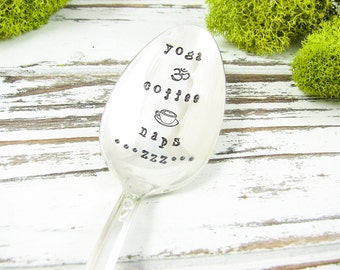 Yoga Coffee Naps. Stamped Spoon for the Yoga Lover, Coffee Lover and Nap Lover. Hand Stamped Vintage Silverware for Gift Giving. 450SP