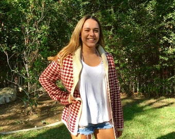 Cardigan sweater, red, tan, medium, large
