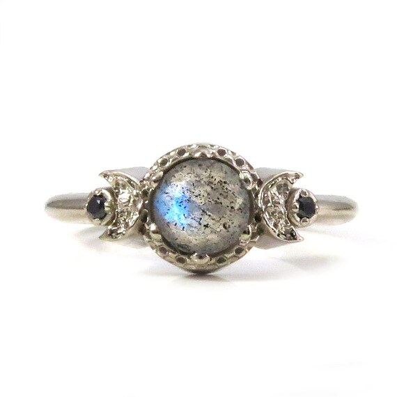 Moon Phase Engagement Ring with Labradorite and Black Diamonds - 14k Palladium White Gold Gothic Jewelry