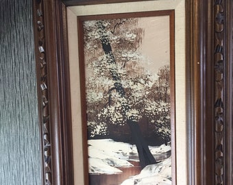 Vintage oil Painting on Board by LUCY 1960's ART Snow Forrest Carved Frame