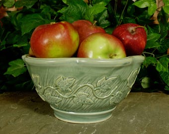 Handmade green stoneware ceramic garden inspired serving bowl with ivy