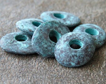 Mykonos Greek 10mm Cornflake Charm Green Patina : 6 pc Metal Casting Cornflake Green Verdigris Bead