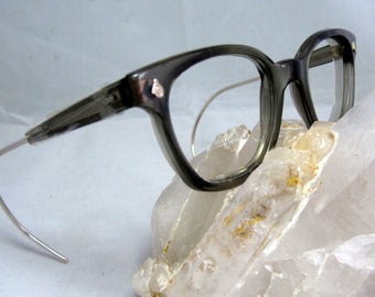 Vintage EyeGlasses Mens Horn Rim Safety Frames. Gray Translucent with coil Temples