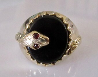 Large 9ct Gold Garnet Signet Snake Ring