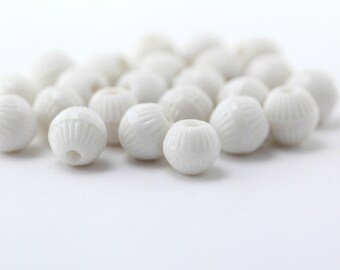 Vintage German Glass White Fluted Round Beads 9mm (10)