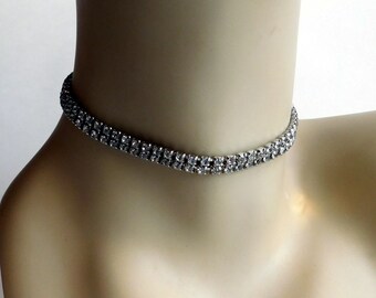Vintage Rhinestone Choker - 1950s Mid-Century Double Strand Short Necklace - Prong-Set Clear Rhinestone - Silvertone Metal - Prom Wedding