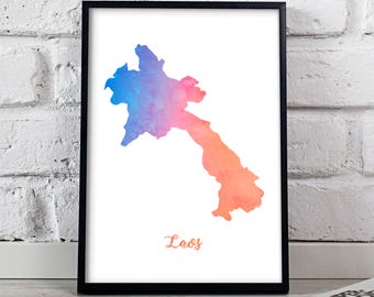 Laos print Laos poster Watercolor Laos art Laos Map poster wall art Laos wall decor Gift poster