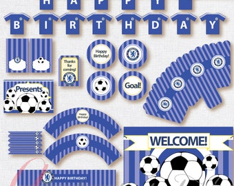 Soccer printables. Instant download. Printable. Matching Custom invitation available. Chelsea FC inspired printables.