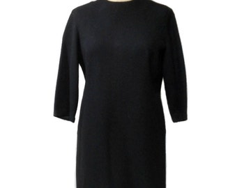 vintage 1960's black sheath dress / Candy Jrs. / wool / lbd little black dress / 60s dress / women's vintage dress / tag size 15