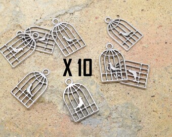 10 x silver metal bird cage charm
