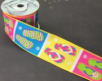 FREE SHIPPING - 2.5" Wired Summer Flip Flop Ribbon with Glitter Accent- Summer Ribbon - Beach Ribbon - 5 yards