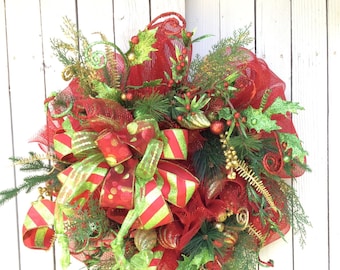 Christmas Wreaths, Christmas Mesh Wreath,Traditional Christmas Wreath, Large Christmas Wreath, Double Door Christmas Wreaths