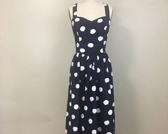 1980s Lanz Originals Navy Blue Polka Dot Cotton Sundress