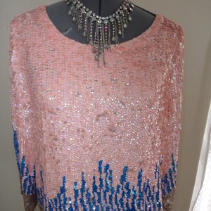 vintage sequin top, all sequinned top, all sequin top, pink sequin top, blue sequin top, pink evening top, retro sequin top,