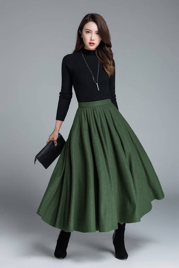 green wool skirt winter skirt pleated skirt fashion